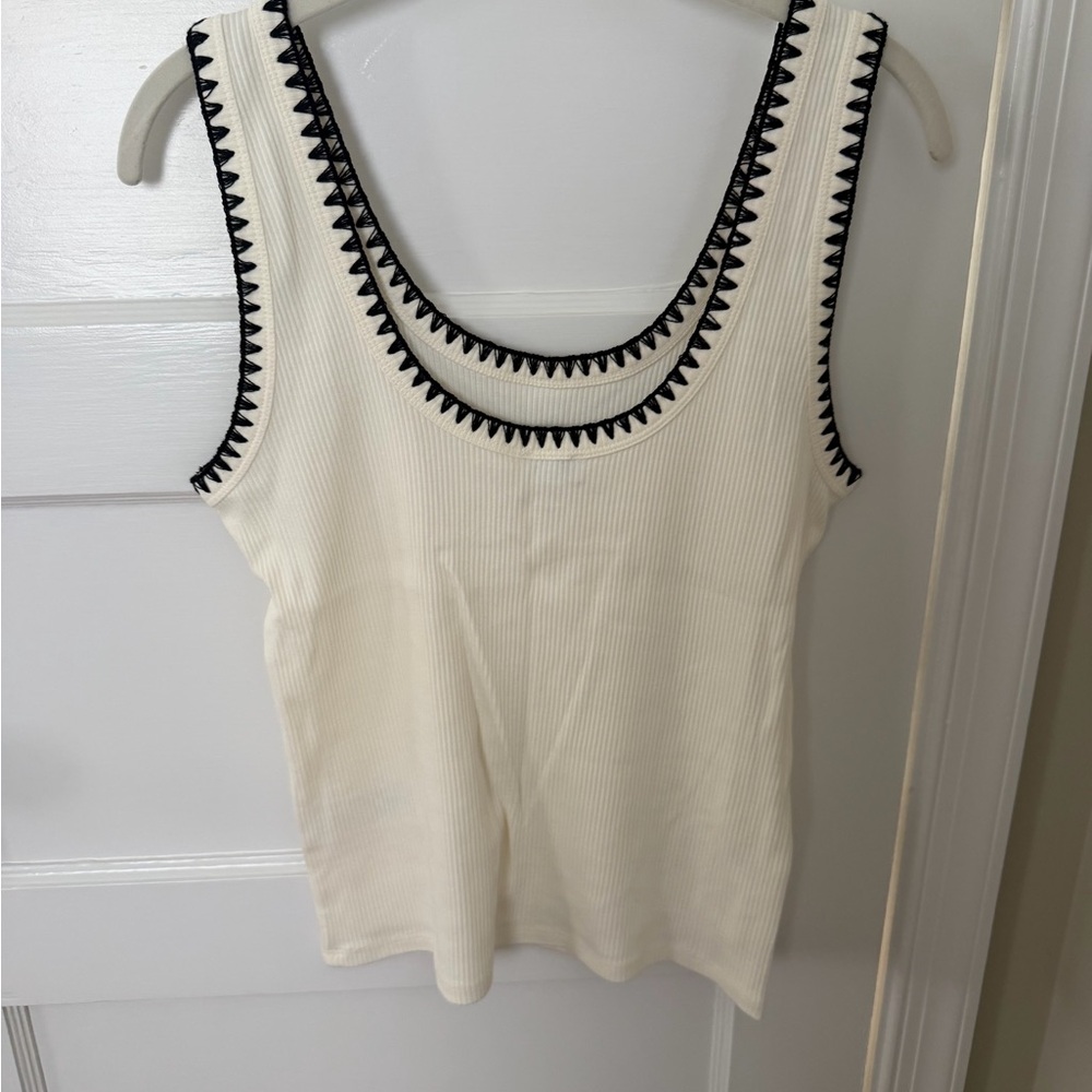 J. Crew Cream Ribbed Tank with Black Trim Embroidery